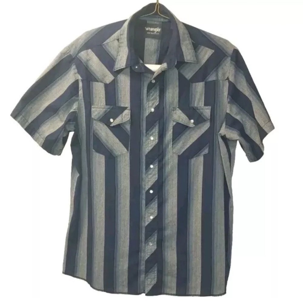 Wrangler Western Pearl Snap Shirt Men XLT Blue Striped Biker Cowboy Southwestern